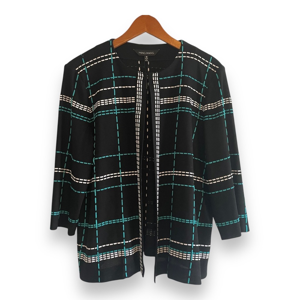 Ming Wang Knit Jacket Womens XL Black Teal White Grid Plaid Open Front Cardigan